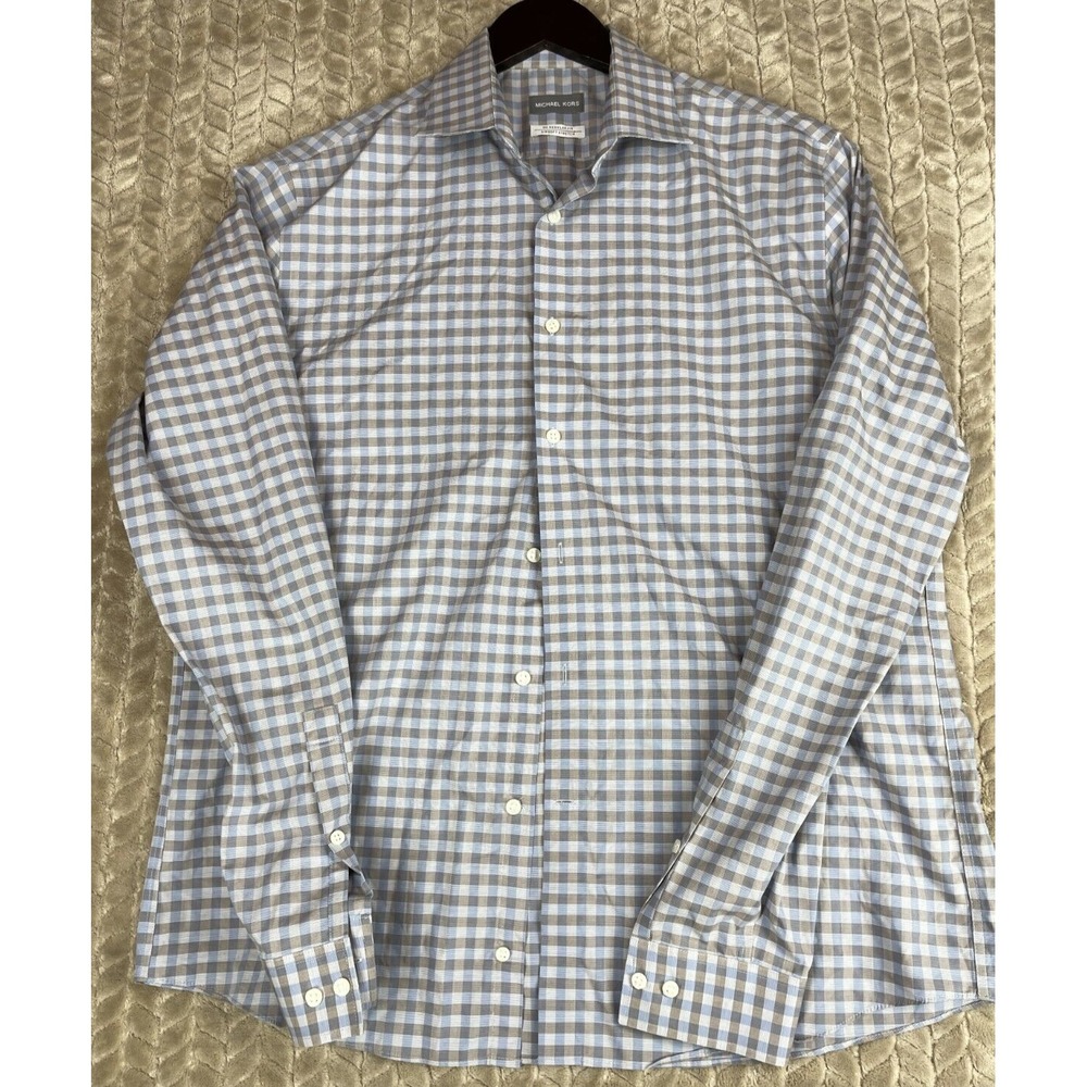 Michael Kors Dress Shirt Mens 16.5 Blue Brown Gingham Airsoft Stretch